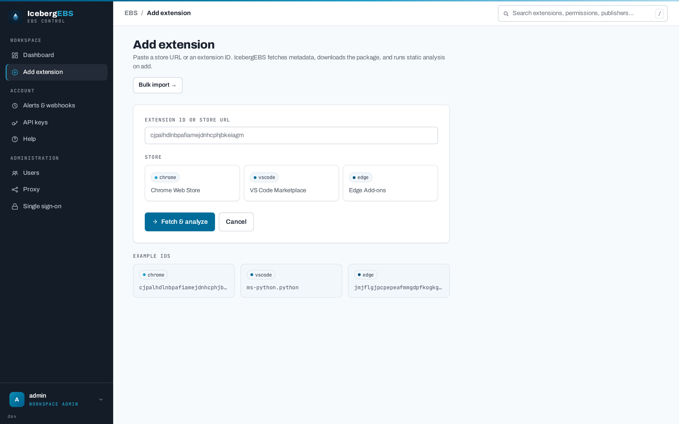 Add an extension by pasting a store URL or ID