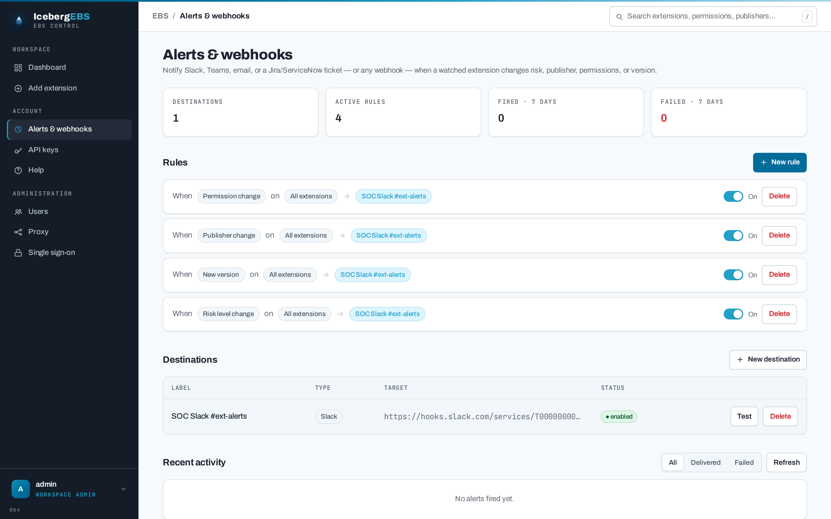 Alerts and webhook destination configuration