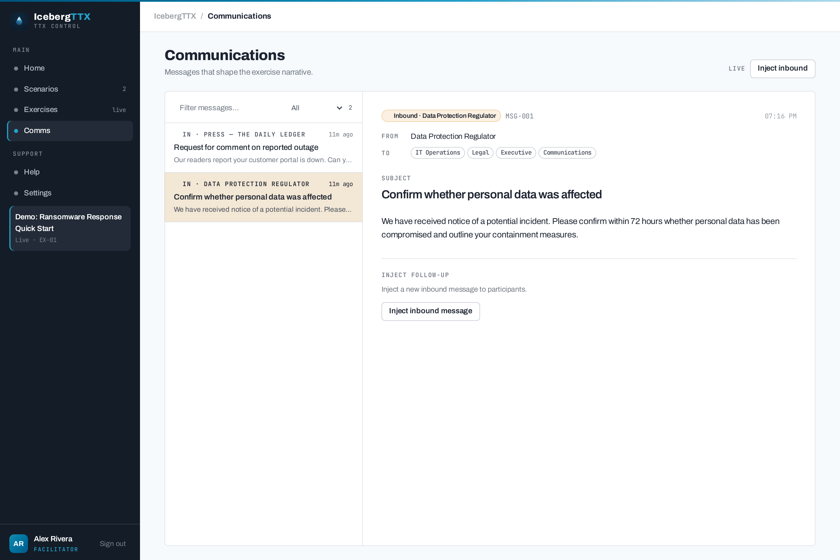 Simulated communications inbox