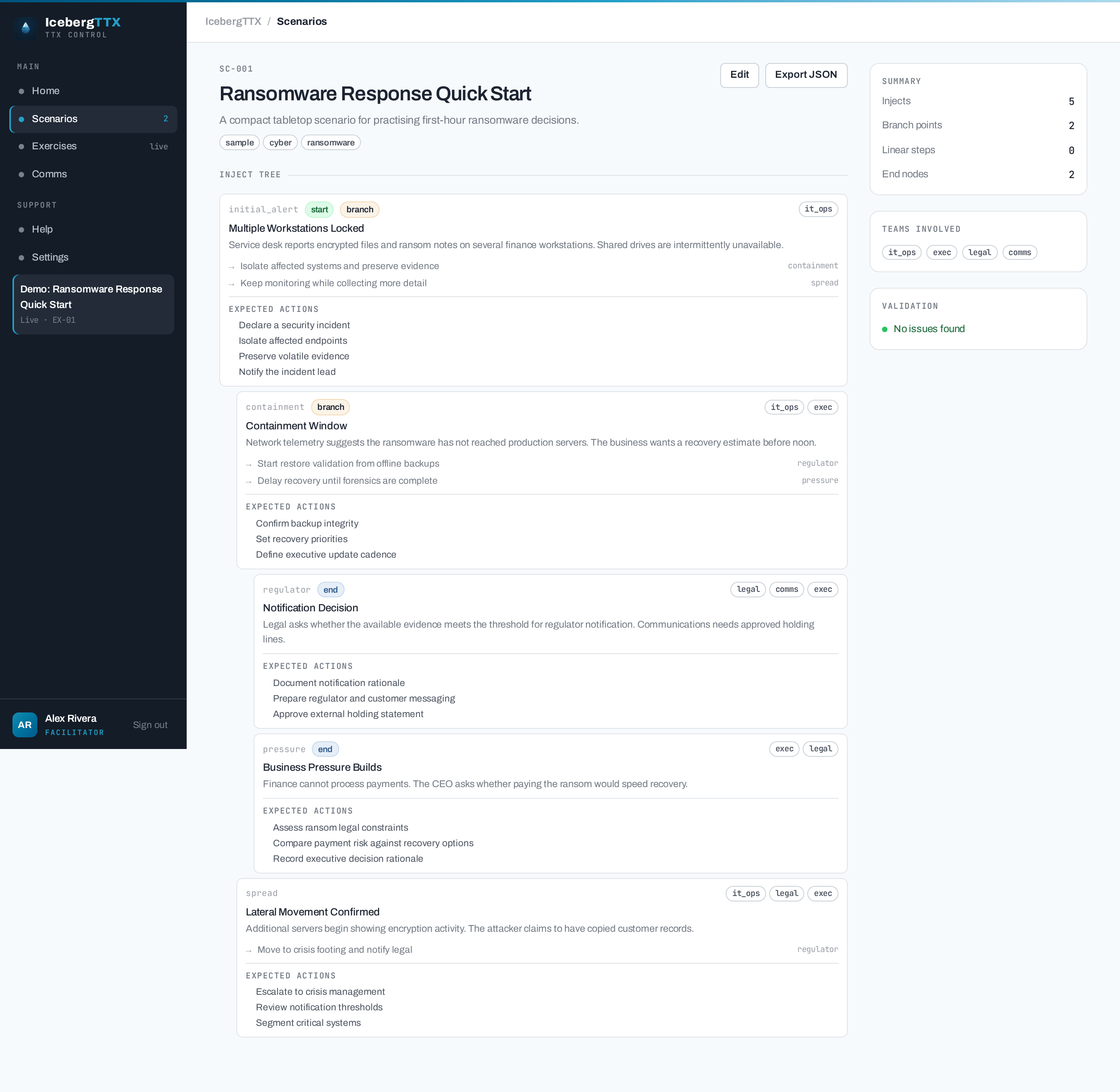 Scenario detail with branching injects and validation