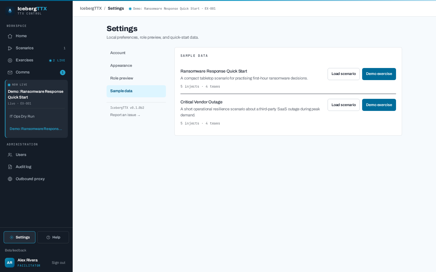 Loading a bundled sample scenario from Settings